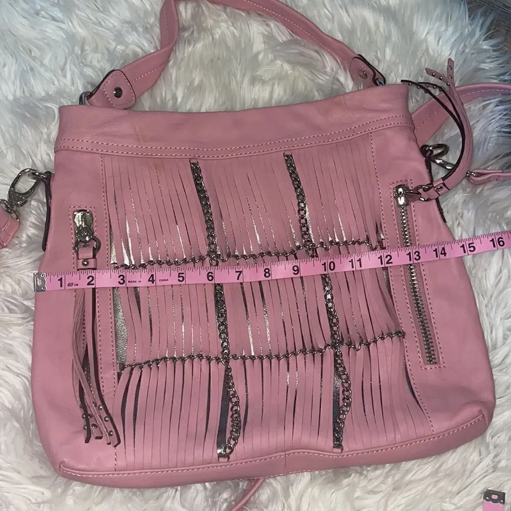 B. Makowsky Alexis Pink Fringe Leather Shoulder Crossbody Bag